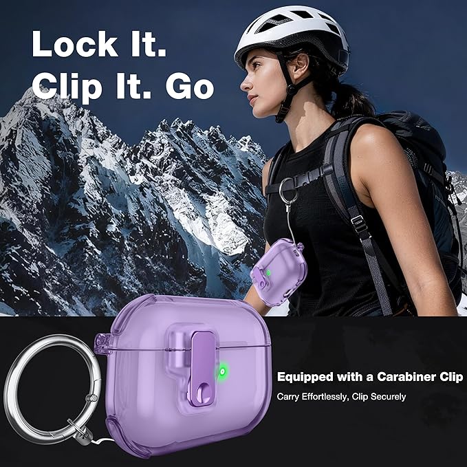 Clear Case for AirPods Pro 2 Case Cover with Lock Safety&Pop Up [Military Shockproof]Anti-Yellow Transparent Wireless Charging for AirPods Pro 2nd/1st Generation Case with Keychain,Clear Purple