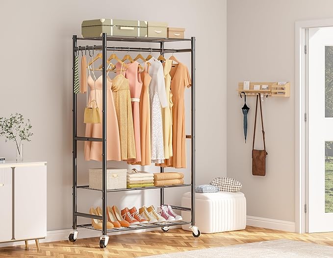 Rolling Clothes Rack for Hanging Clothes,Heavy Duty Garment Rack with 3 Tier Wire Shelves,Freestanding Portable Clothing Rack Wardrobe Rack, Black