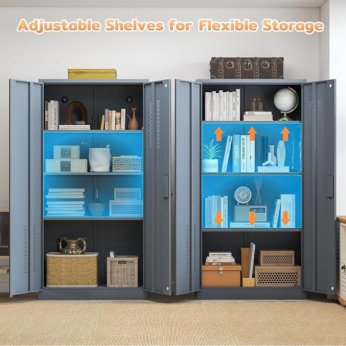 72" H Metal Storage Cabinet, Garage Storage Cabinet with 2 Doors and 4 Adjustable Shelves, Tall Lockable Cabinet for Kitchen, Office, Home or Garage（Grey）