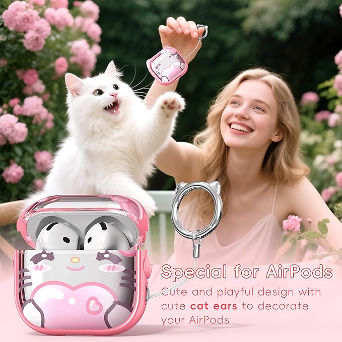 for AirPods 4 Case with Cleaning Kit, Cute Cat Ear Print Design & Cute Buckle, Inverted Phone Holder Design, Top Safe Lock Buckle Design, for Girls AirPods 4 case 2024, Pink Cat
