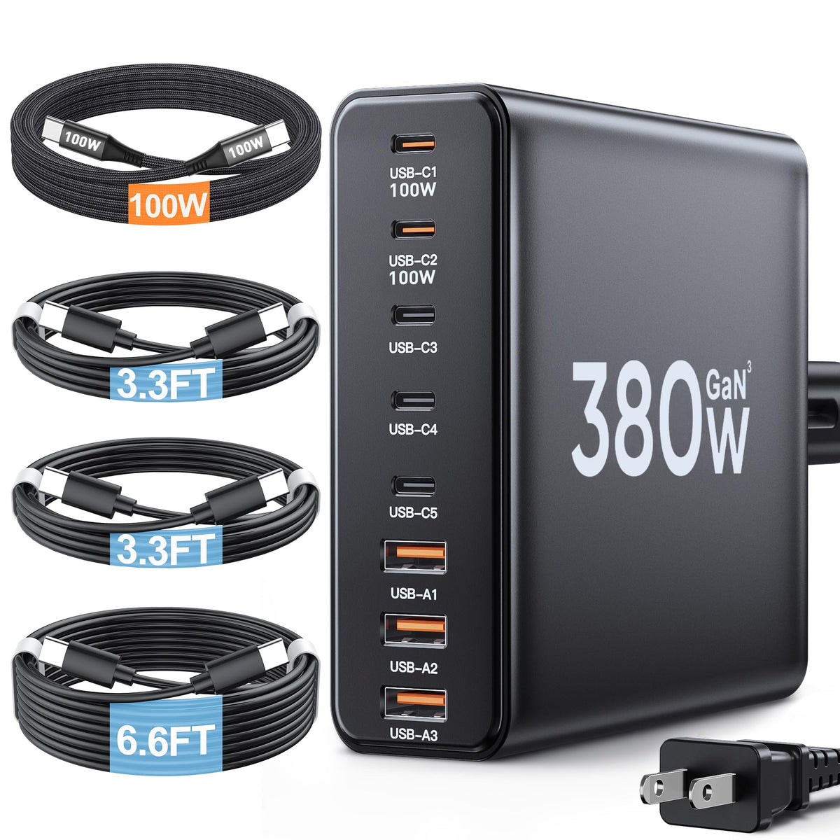 380W USB C Charger Block with 4 USB Cables Dual 100W | Charging & Powe - Image 1