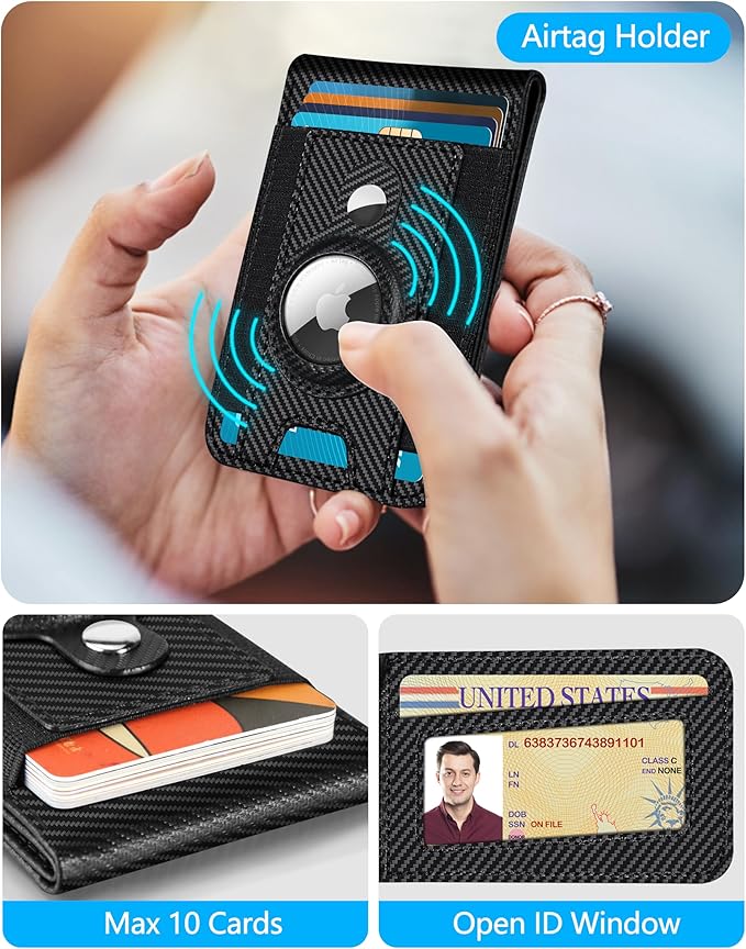 ExtreLife for Magsafe Wallet with Airtag Holder, Magnetic Wallet for iPhone 17/16/15/14/13/12 Series, 9-Card Holder, Open ID Window, Adjustable Stand, RFID Blocking, Black Carbon Fiber