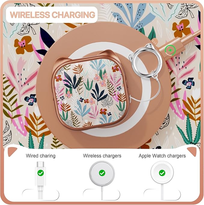 RFUNGUANGO AirPods 4 Case for Women Girly Cat Case with Lock, Phone Stand, Keychain & Cleaner Kit, Compatible with Apple Airpods 4th Generation Case Cover, Rose Gold Leaf