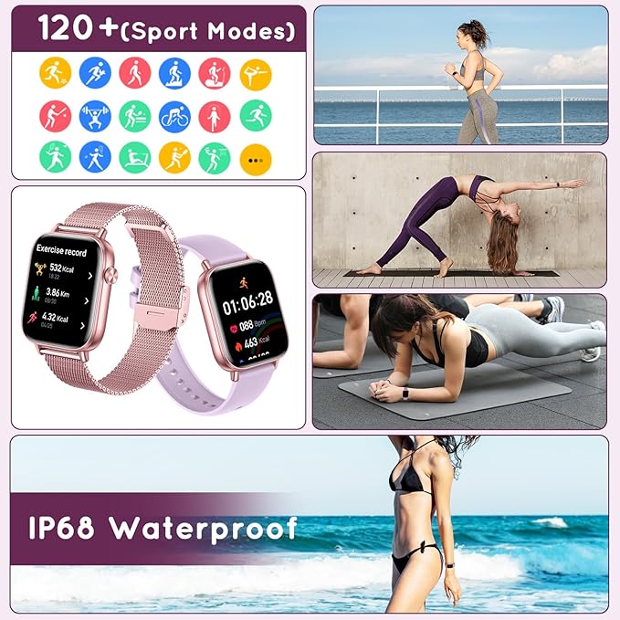 Smart Watch for Women (Answer/Make Calls) 1.83" HD 3 Bands Smartwatch Compatible Android iPhone Phones with Fitness Step Tracker/Heart Rate/Sleep Monitor, 120+ Sports Modes IP68 Waterproof