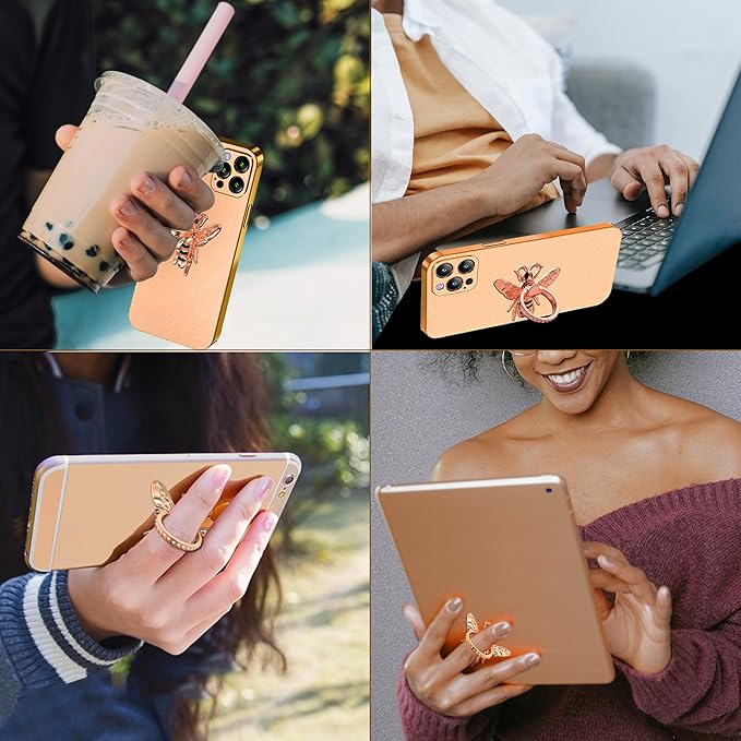 TACOMEGE Bee Cell Phone Ring Holder gift for girls women, Crystal Finger Ring Kickstand Compatible with Smartphone, Tablet, E-reader (Rose Gold)