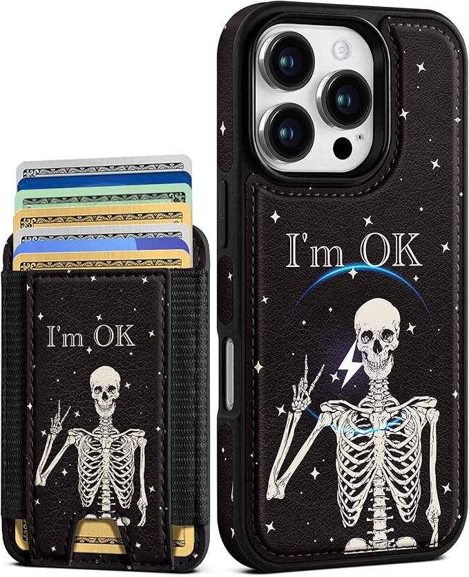 Shorogyt for iPhone 16 Pro Max Case Wallet - Fits 5 Cards, Compatible with Magsafe Magnetic Credit Card Holder Leather Cardholder Cute Phone Cover Women Girls for Apple 16 ProMax, OK Skeleton