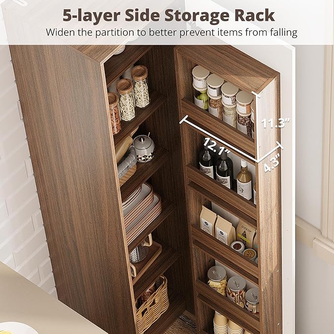 IRONCK 70" Pantry Storage Cabinet, Single Cabinet Pantry, Freestanding Tall Narrow Cupboard with 11 Adjustable Shelves for Dining Room, Living Room, Walnut and White