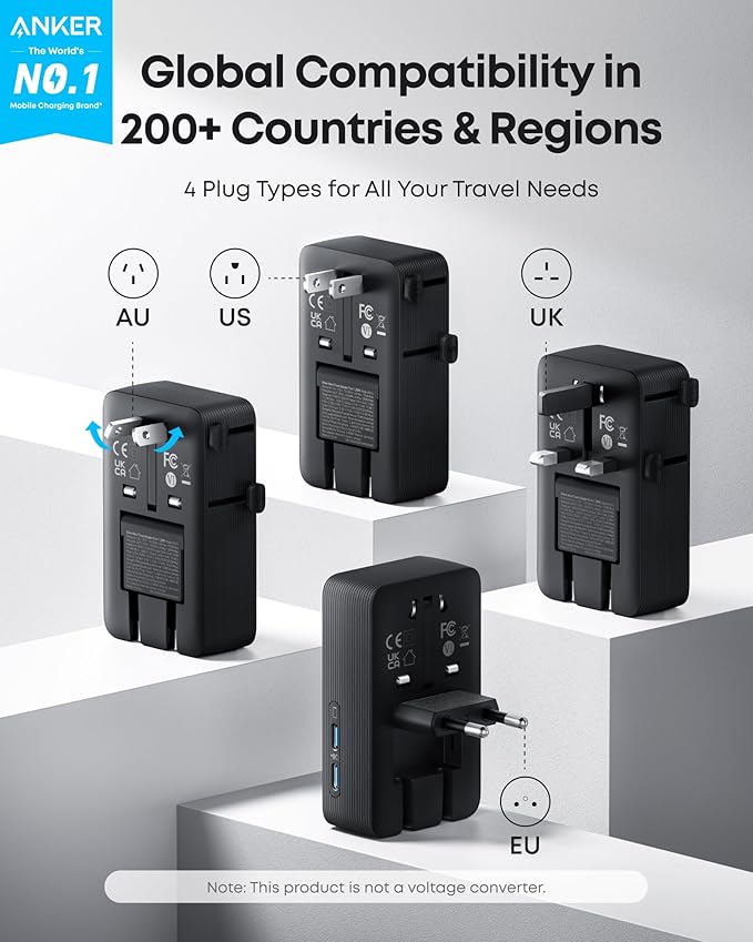 5-Port Nano Travel Power Adapter with USB-C and USB-A for International Travel