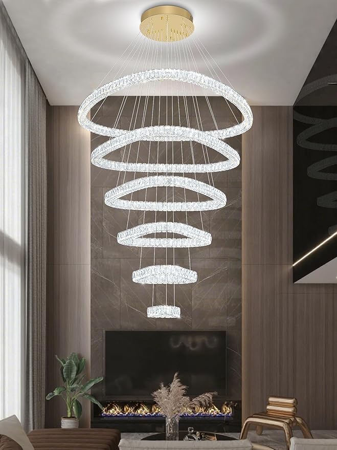 Flashing God Modern 6 Ring Crystal Chandeliers for High Ceiling Large Foyer Chandeliers LED Dimmable Crystal Ceiling Light Fixtures for Entryway Living Room Staircase Gold