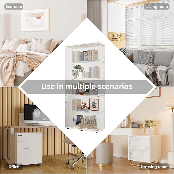LFT HUIMEI2Y Glass Display Cabinet 5-Shelf with 2 Doors and Lock, Curio Cabinets Upgraded Quick-Install Style Tempered Glass Floor Standing Bookshelf for Living Room, Bedroom, Kitchen White