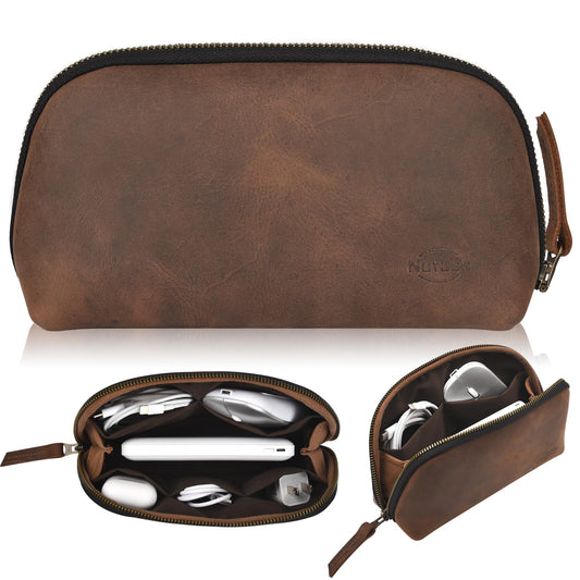 Leather Tech Pouch for Cables Chargers Phone | Tech Bag | Zipper Travel Accessory Pouch | Electronic Organizer Case Travel Bag (Vintage Dark Brown)