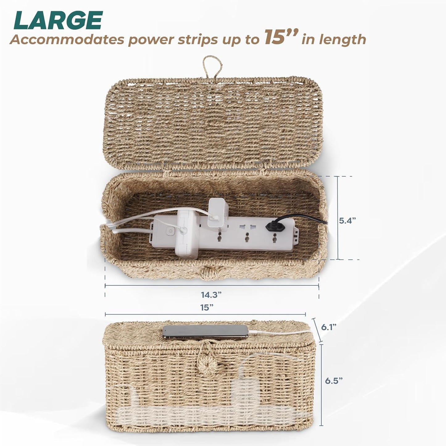 Natural Rattan Cable Management Box Set – 2 Sizes, Cord Hider for Power Strip, TV & Desk | Techloop Living