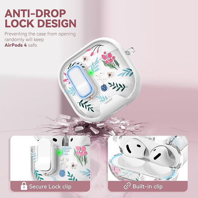 with Safety Lock for Apple AirPods 4 Case,Clear Floral Cute AirPod 4th Generation Case with Phone Stand & Cleaning Kit for Women Girly-Orange Flower-Raspberry