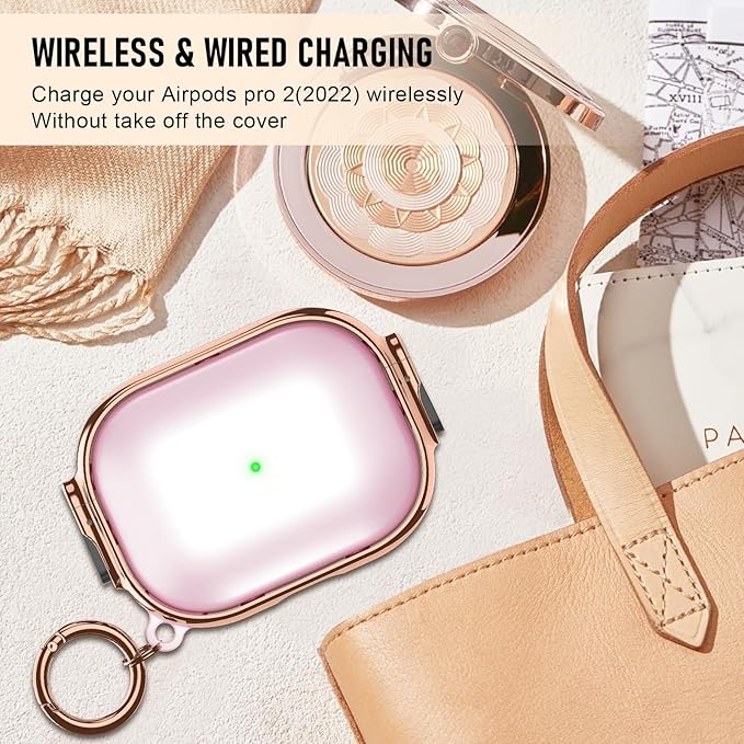 Maxjoy for Cute Airpods Pro 2 case with Safety Lock,Compatible Airpods Pro Case 2nd/1st Gen,Compatible Plating Solid Color AirPods Case Cover for Men Women Girly with Keychain-Transparent Pink