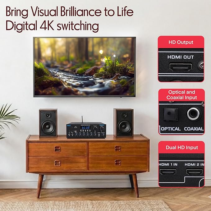 Pyle Wireless Bluetooth Streaming Amplifier, 200W Multi Channel Home Audio Receiver with Hi Def in/Out, Optical/Coaxial, FM Radio, USB/SD, AUX, RCA, Mic in, and BT/FM Antenna