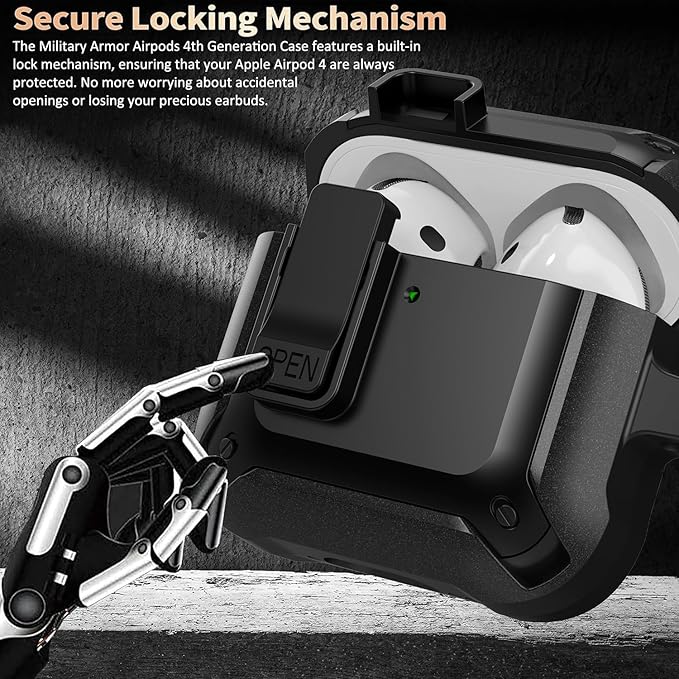 for Airpods 4 Case with Lock Clid, Rugged Apple Airpods 4th Generation Cover 2024 Men Women, Armor Shockproof iPod 4 Gen Protective Hard Shell with Carabiner&Cleaner kit, Black