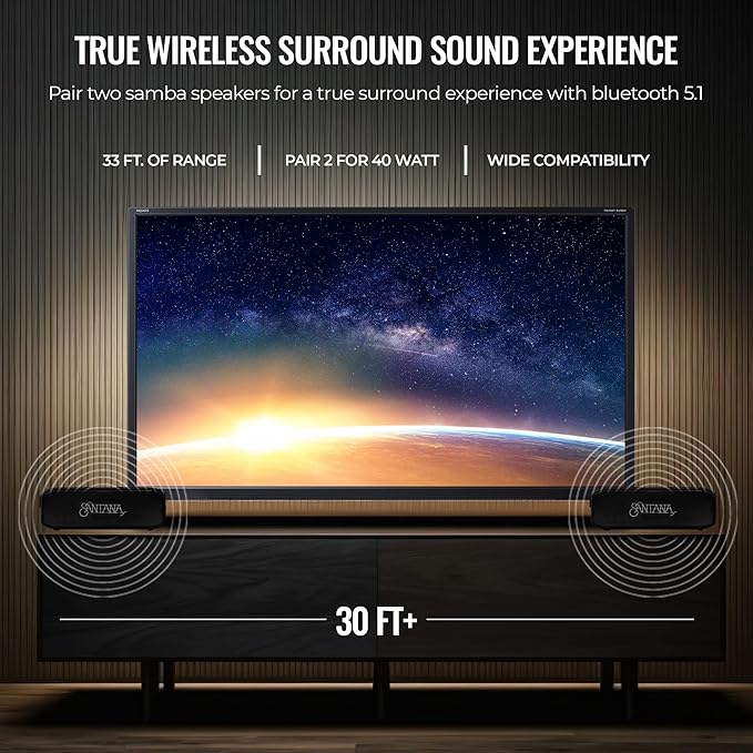 SANTANA BY CARLOS SANTANA Samba 40W High-Power Bluetooth Speaker with 48mm Drivers, Isolated Subwoofer, IP67 Waterproof, True Wireless Surround Sound, 20+ Hours Battery Life (Samba, Single Pack)