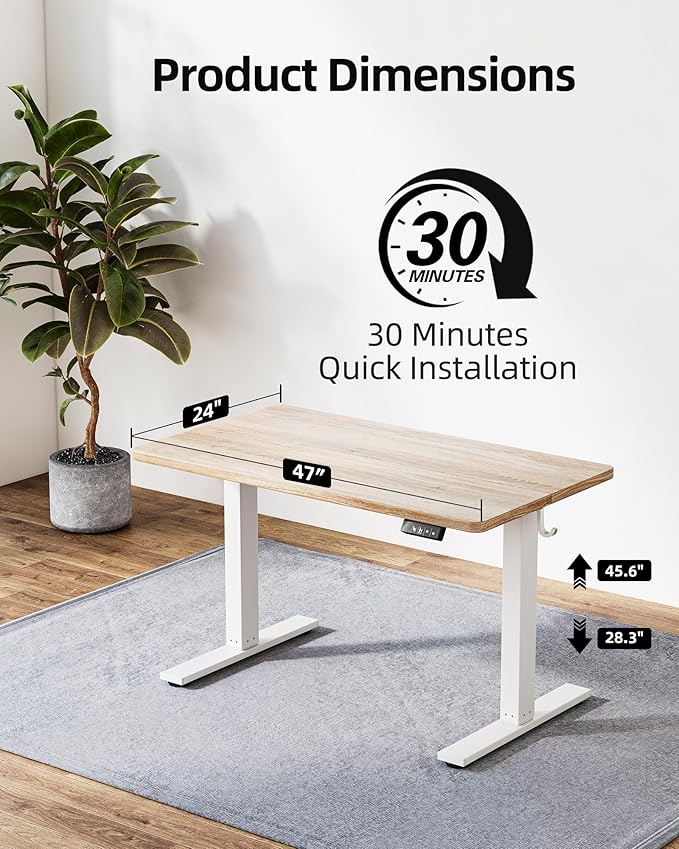 TIQLAB Electric Height Adjustable Standing Desk 47.2×23.6 inch, Sit Stand Desk with Splice Board, Memory Controller, White Frame & Maple Top Computer Workstation for Home Office