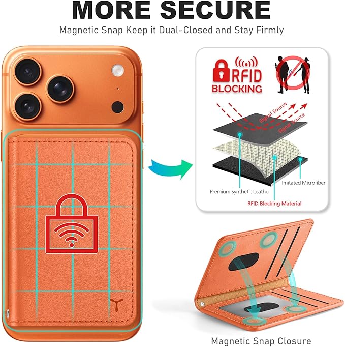 TUCCH for Magsafe Wallet with 6 Card Holders, RFID Blocking [Clear ID Window] PU Leather Men Women Folio Magnetic Phone Wallet for iPhone 17/16/15/14/13/12/Plus/Air/Pro/Pro Max Series, Orange