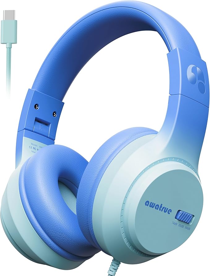 USB-C Kids Headphones, 74/85/94dB Volume Limiter, Foldable Wired Over Ear Headphones for Travel, Toddler Headphones for School, Travel, iPad, Tablet, Blue Gradient