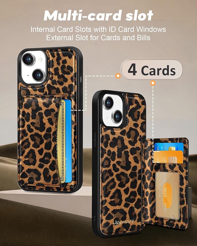 for iPhone 15 Plus Case with Wallet - Fits 4 Card Slots, Compatible with MagSafe for Women Aesthetic Durable PU Leather Credit Card Holder Kickstand Phone Cover for Apple 15 Plus, Leopard