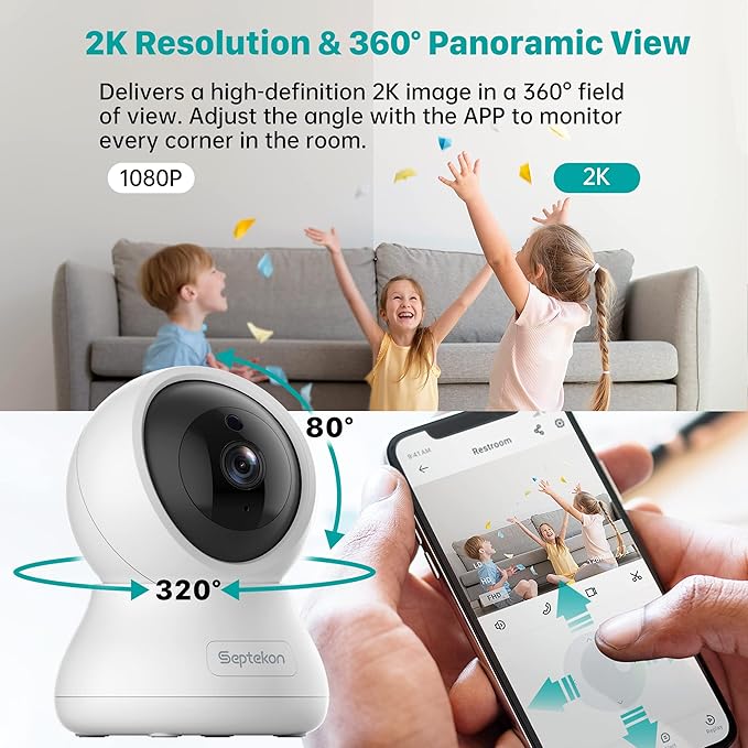 Septekon 2 Pack Indoor Pan/Tilt Security Camera for Baby Monitor, 2K 3MP Pet Camera with Night Vision, Motion Detection, Cloud Storage, Compatible with Alexa, White