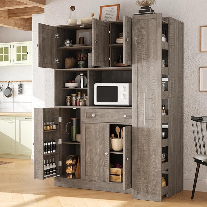 Large Kitchen Pantry Cabinet 52.8Wx17.7Dx70H inch, Freestanding Buffet with Hutch,Storage Cabinets Cupboard w/Pull-Out Side-Cabinet+ Door Shelves and Drawer, Brown