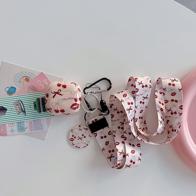 Vintage Bow Cherry Lip Design Air Pod 4th Generation （2024） with Bow Cherry Lip Lanyard Keychain，Unique IMD Process TPU Soft Air Pod 4th Case