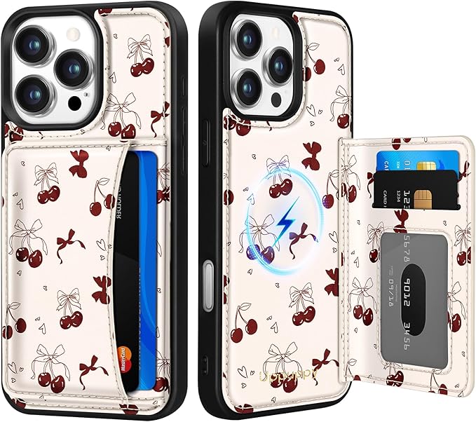 for iPhone 16 Pro Max Case with Wallet - Fits 4 Card Slots, Compatible with MagSafe for Women Aesthetic PU Leather Credit Card Holder Kickstand Phone Cover for Apple 16 Promax, Bow Cherry