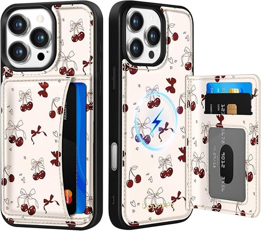 for iPhone 16 Pro Max Case with Wallet - Fits 4 Card Slots, Compatible with MagSafe for Women Aesthetic PU Leather Credit Card Holder Kickstand Phone Cover for Apple 16 Promax, Bow Cherry