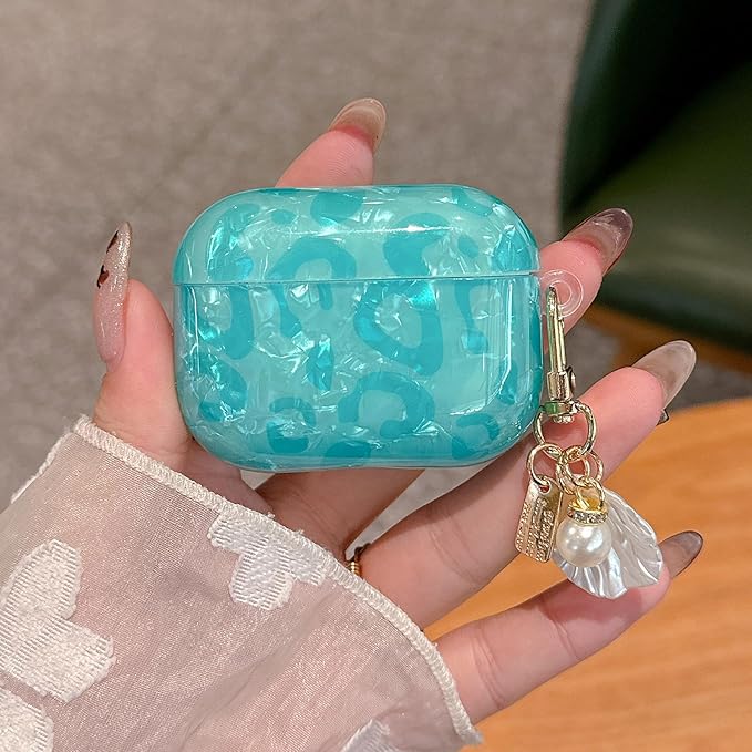 for Airpod Pro 3 Case 2025 Cute Luxury Leopard Hard TPU Protective Cover with Shell Pearl Keychain Compatible with AirPods Pro 3rd Generation for Girls Women (Turquoise Blue)