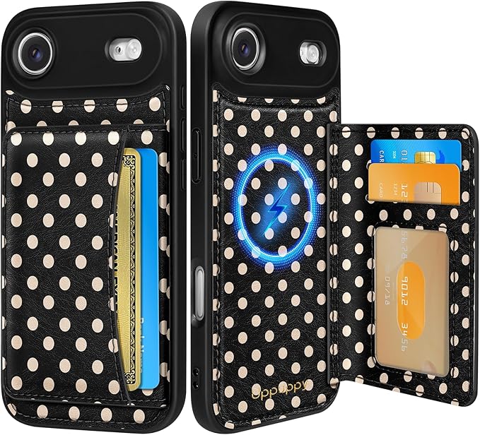 for iPhone 17 Air Case with Wallet - Fits 4 Card Slots, Compatible with MagSafe for Women Aesthetic Durable PU Leather Credit Card Holder Kickstand Phone Cover for Apple 17 Air, Polka Dots
