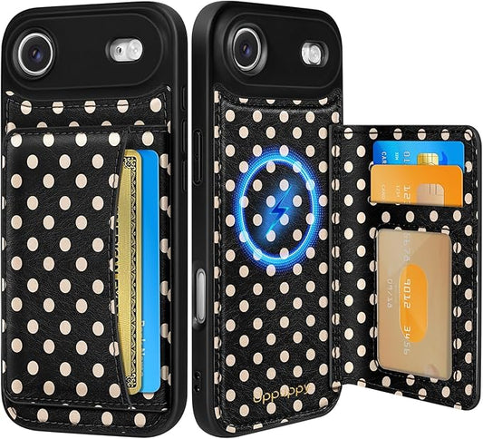 for iPhone 17 Air Case with Wallet - Fits 4 Card Slots, Compatible with MagSafe for Women Aesthetic Durable PU Leather Credit Card Holder Kickstand Phone Cover for Apple 17 Air, Polka Dots