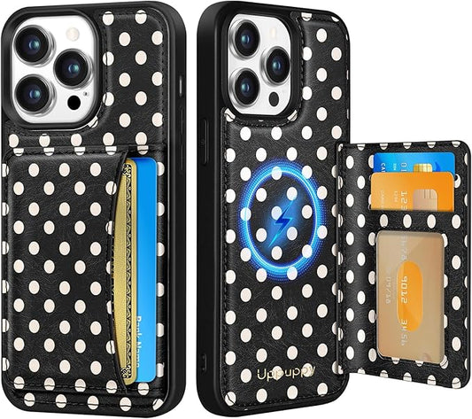 for iPhone 13 Pro Max Case with Wallet - Fits 4 Card Slots, Compatible with MagSafe for Women Aesthetic PU Leather Credit Card Holder Kickstand Phone Cover for Apple 13 Promax, Black Polka