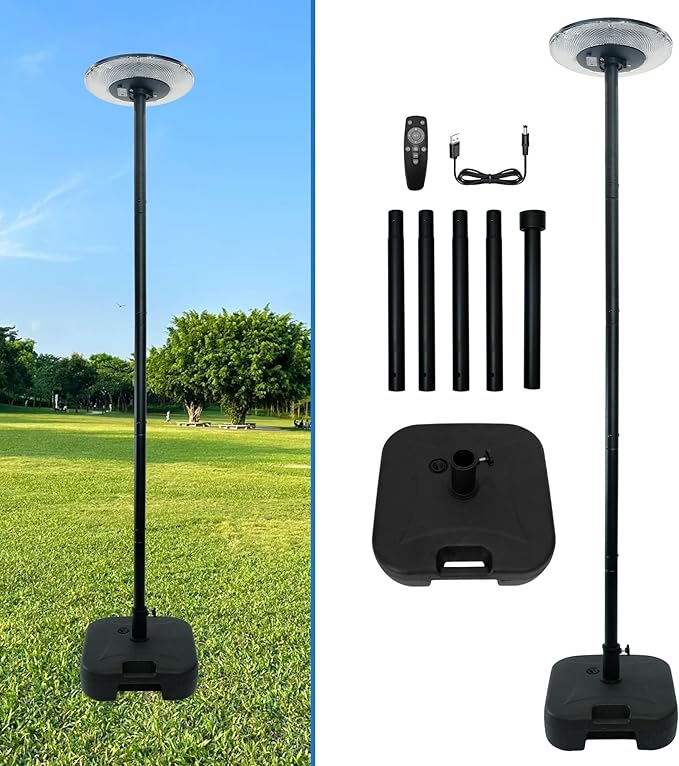 Solar Portable 3 Color Ambiance Outdoor Post Light with 92 inch Pole, Movable Motion Sensor Street Lamp, Features DC Charging Port & Remote Control, Dusk to Dawn (Lamp Post(with DC Port))