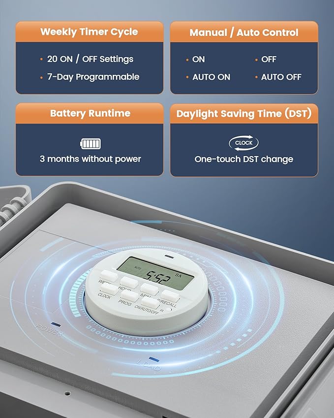 SURAIELEC Digital Pool Timer, 40 AMP 120V 2HP, 7-Day Pool Pump Timer Switch, Programmable Box for Swimming Pump, Hot Water Heater, Lights, Simultaneously Controls Up to 2HP Devices, Outdoor/Indoor Use