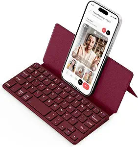 CACOE Wireless Keyboard with Stand, Mini Keyboard for Cell Phone, Ultra-Slim Portable, Foldable, Dual-Channel QWERTY with Stand Holder for Smartphone and More iOS Android Windows, Wine Red