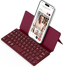 CACOE Wireless Keyboard with Stand, Mini Keyboard for Cell Phone, Ultra-Slim Portable, Foldable, Dual-Channel QWERTY with Stand Holder for Smartphone and More iOS Android Windows, Wine Red - Image 1