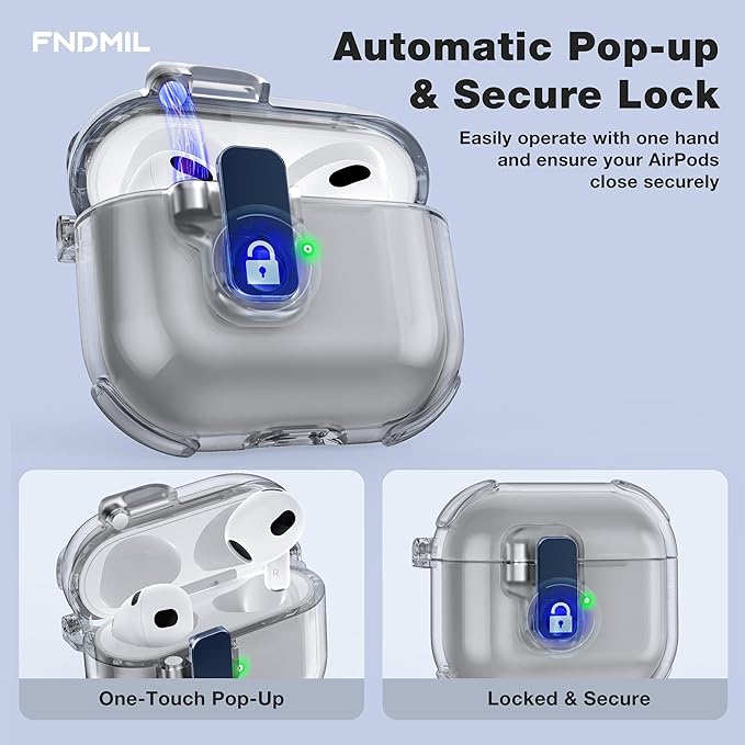 Clear Case for AirPods 3 Case Cover with [Lock Safety & Pop Up][Military Shockproof] Anti-Yellow Transparent Soft TPU Wireless Charging for AirPods 3 Generation Case with Keychain,Clear Black