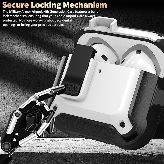 for Airpods 4 Case with Lock Clid, Rugged Apple Airpods 4th Generation Cover 2024 Men Women, Armor Shockproof iPod 4 Gen Protective Hard Shell with Carabiner&Cleaner kit,Black/White