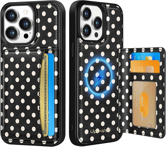 for iPhone 14 Pro Case with Wallet - Fits 4 Card Slots, Compatible with MagSafe for Women Aesthetic Durable PU Leather Credit Card Holder Kickstand Phone Cover for Apple 14 Pro, Black Polka
