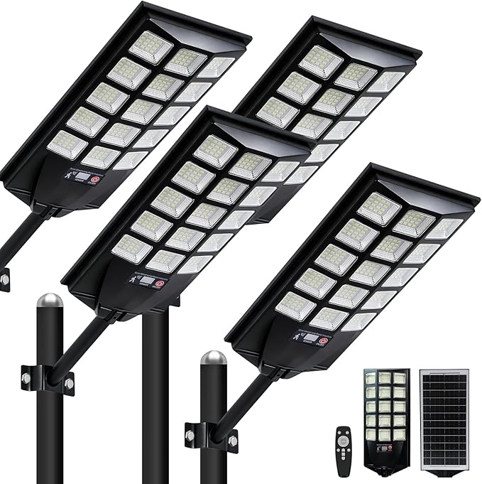 Jercoda Solar Street Lights Outdoor 4 Pack, 6500K LED Flood Lights with Motion Sensor, Dusk to Dawn Security Lights with Remote Control, Waterproof Solar Powered Lighting for Garden Yard Parking Lot