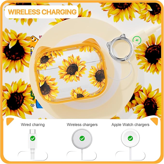 RFUNGUANGO AirPods Pro Case for Women Girly Cat Case with Lock, Phone Stand, Keychain & Cleaner Kit, Compatible with Apple Airpods Pro 2nd/1st Generation Case Cover, Transparent Sunflower