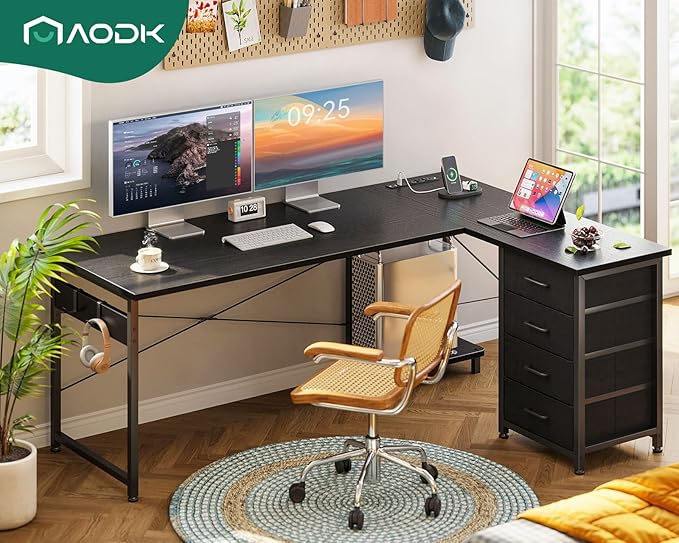 AODK L Shaped Gaming Desk with 4 Drawers, 61" Reversible Home Office Desks with Power Outlets, L Shaped Computer Desk with USB Charging Port and Host Stand, Corner Desk, Easy to Assemble, Black