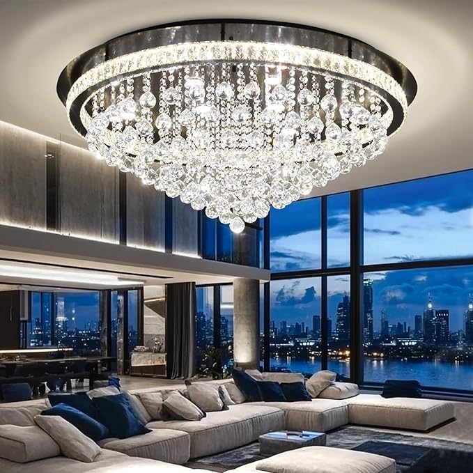 Dia 40" Modern Crystal Chandeliers for Living Room,Black Large Chandelier Flush Mount Chandeliers for Bedrooms Dining Room Dimmable 2700k 4500k 6000k