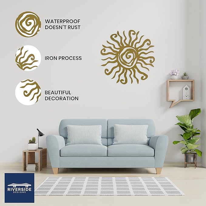 Riverside Designs Wacky Sun Metal Wall Art Indoor/Outdoor Decor - 24" Gold Rust Proof Wall Sculpture - Made in USA - Ideal for Bedroom, Garden, Home, Patio and Farmhouse