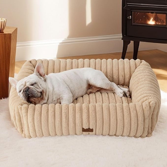 Bedsure Washable Dog Bed for Medium Dogs - Cute Furry Puppy Beds, Rectangle Orthopedic Corduroy Fleece Pet Beds with Removable Zipper Cover, 30x24x8inches, Sandy Beige