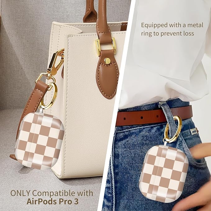Compatible with AirPods Pro 3rd Generation 2025 Case Cover with Gold Keychain - Cute Protective Hard AirPod Pro 3 Cases for Women - Beige Coffee Checkered