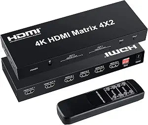 4x2 HDMI Matrix Switch, 4 in 2 Out Matrix HDMI Video Switcher Splitter + Optical & L/R Audio Output, Support Ultra HD 4K,3D 1080P, Audio EDID Extractor with IR Remote Control