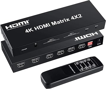 4x2 HDMI Matrix Switch, 4 in 2 Out Matrix HDMI Video Switcher Splitter + Optical & L/R Audio Output, Support Ultra HD 4K,3D 1080P, Audio EDID Extractor with IR Remote Control
